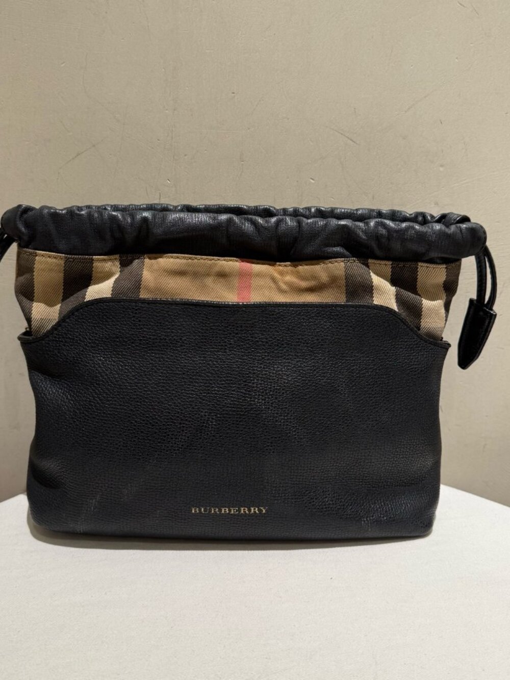 Burberry House Check Print Cowhide Leather Drawstring Crossbody Bag